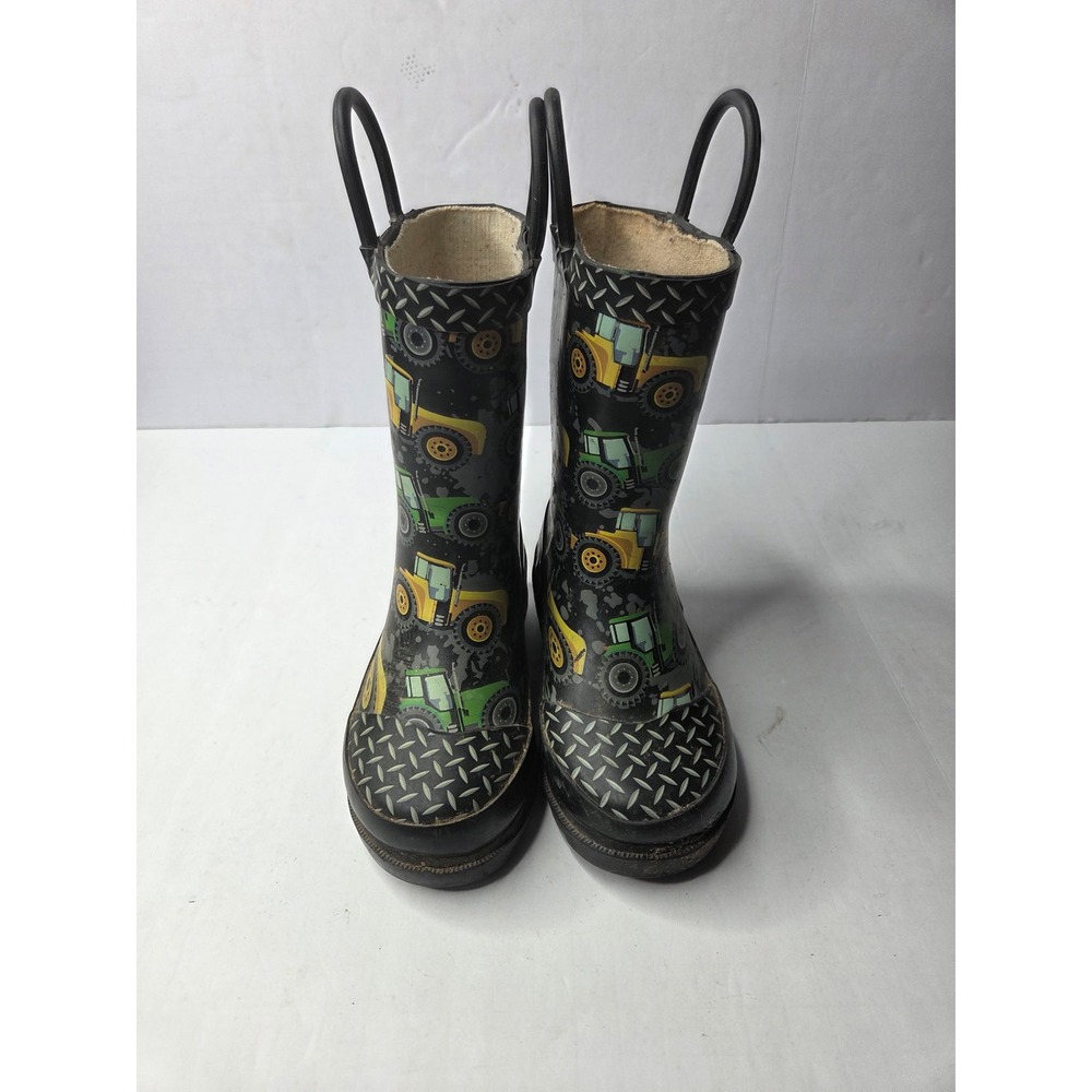 Western Chief Boys Tractor Print Rubber Rain‎ Boots Black Green Yellow Size 7/8